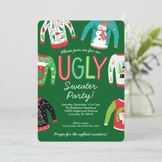 Ugly Sweater Kerstparty Uitnodiging (Staand voorkant)
