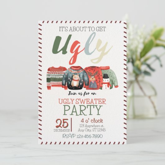 Ugly Sweater Kerstparty Uitnodiging (Staand voorkant)