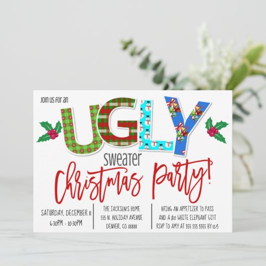 Ugly Sweater Kerstparty Uitnodiging (Staand voorkant)