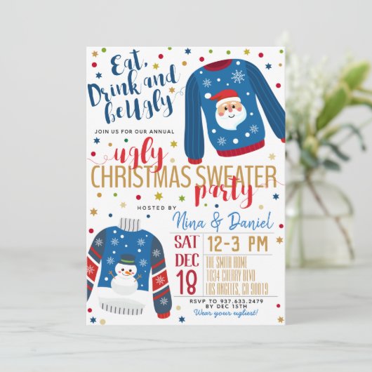 Ugly Sweater Kerstparty Uitnodiging (Staand voorkant)