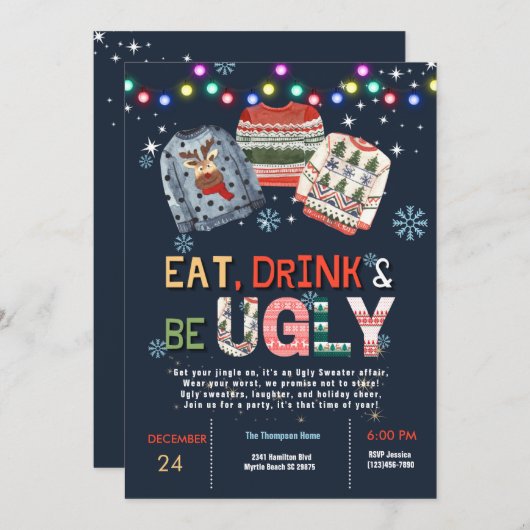 Ugly Sweater Kerstparty Uitnodiging (Voorkant / Achterkant)