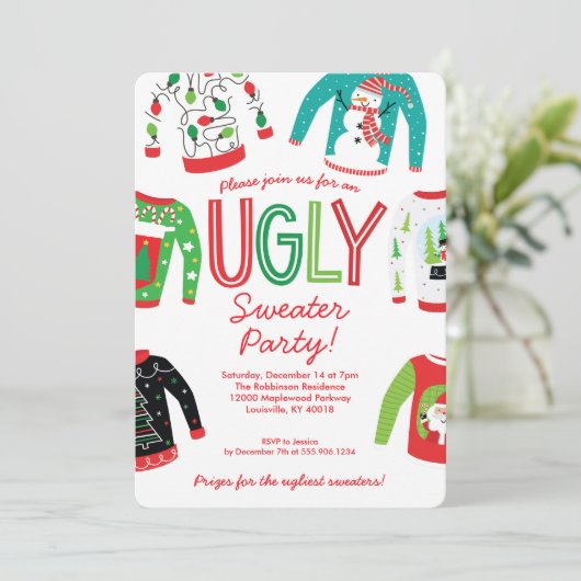 Ugly Sweater Kerstparty Uitnodiging (Staand voorkant)