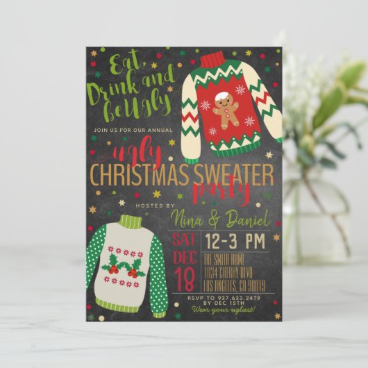 Ugly Sweater Kerstparty Uitnodiging (Staand voorkant)