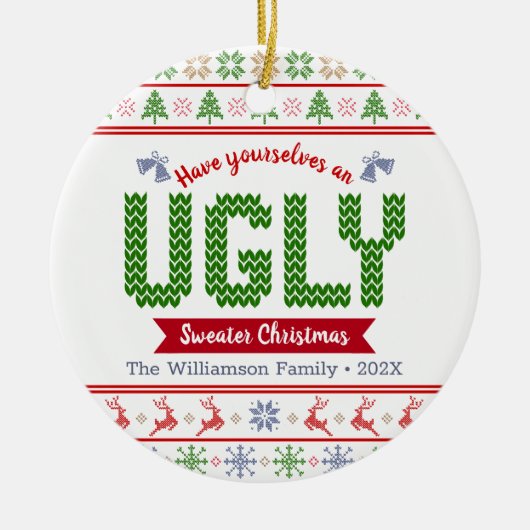 Ugly Sweater kersttacky Nordic Red Green Knit Keramisch Ornament (Voorkant)