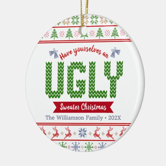 Ugly Sweater kersttacky Nordic Red Green Knit Keramisch Ornament (Links)