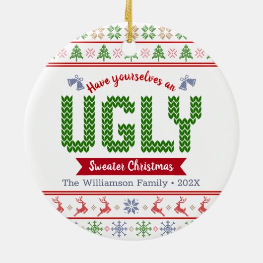 Ugly Sweater kersttacky Nordic Red Green Knit Keramisch Ornament (Achterkant)
