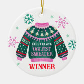 Ugly Sweater Party 1e plaats Winnaar wedstrijd Keramisch Ornament (Voorkant)