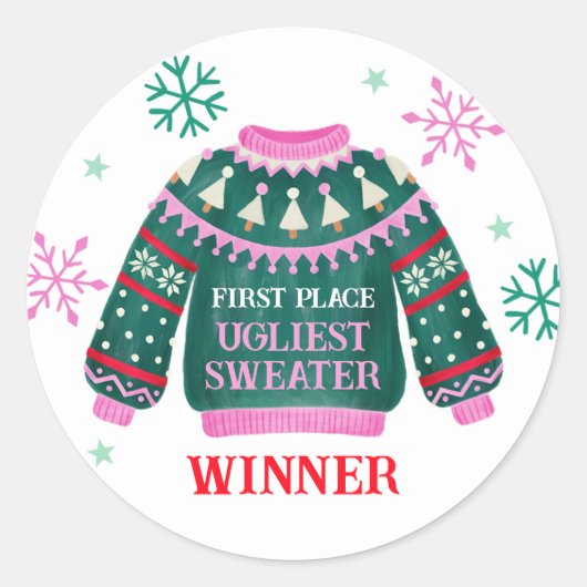 Ugly Sweater Party 1e plaats Winnaar wedstrijd Ronde Sticker (Voorkant)