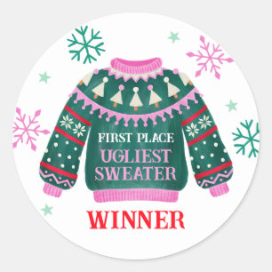 Ugly Sweater Party 1e plaats Winnaar wedstrijd Ronde Sticker