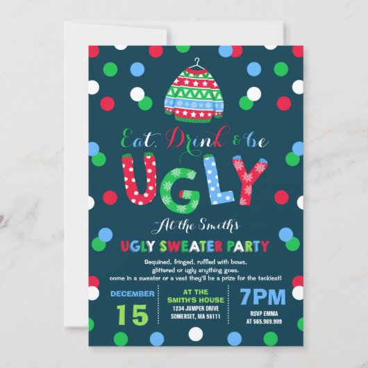 Ugly Sweater Party Invitation Eat Drink & Be Ugly Kaart (Voorkant)