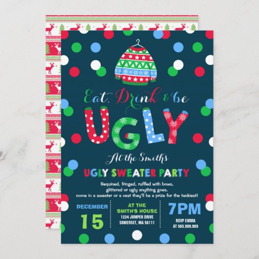 Ugly Sweater Party Invitation Eat Drink & Be Ugly Kaart (Voorkant / Achterkant)