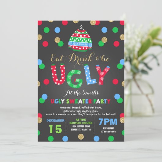 Ugly Sweater Party Invitation Eet Drink & Wees lel Kaart (Staand voorkant)