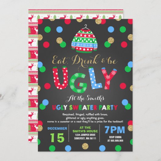 Ugly Sweater Party Invitation Eet Drink & Wees lel Kaart (Voorkant / Achterkant)