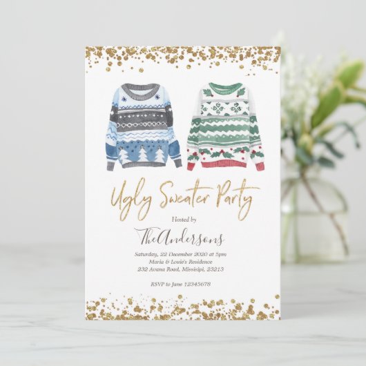 Ugly Sweater Party kerstvakantie uitnodiging (Staand voorkant)