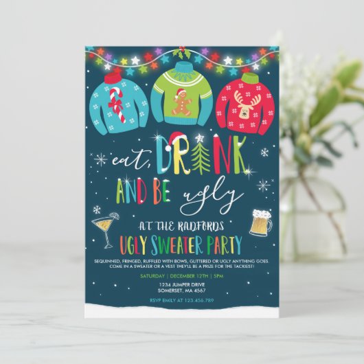 Ugly Sweater Party Nodig uit om Drink te eten en l Kaart (Staand voorkant)