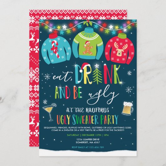 Ugly Sweater Party Nodig uit om Drink te eten en l Kaart (Voorkant / Achterkant)