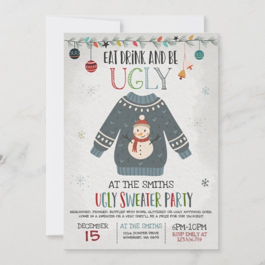 Ugly Sweater Party Nodig uit om Drink te eten en l Kaart (Voorkant)