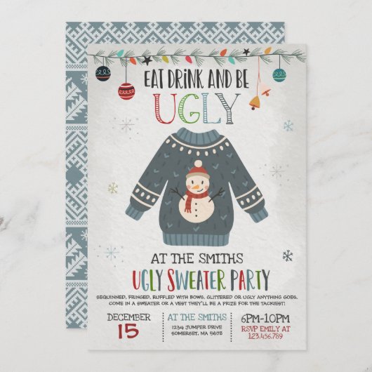 Ugly Sweater Party Nodig uit om Drink te eten en l Kaart (Voorkant / Achterkant)