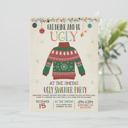 Ugly Sweater Party nodigt Drink uit en wees lomp Kaart (Staand voorkant)