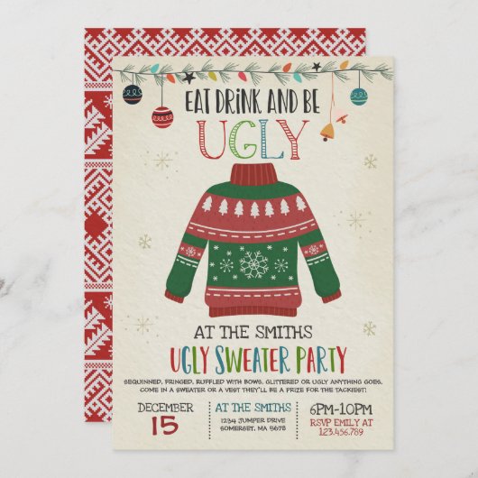 Ugly Sweater Party nodigt Drink uit en wees lomp Kaart (Voorkant / Achterkant)