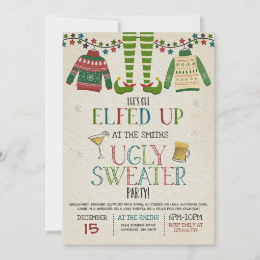 Ugly Sweater Party Uitnodiging Kerstmis Elfed Up (Voorkant)
