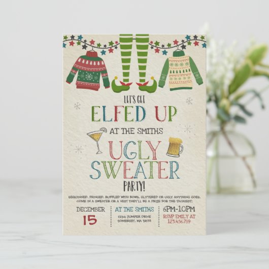 Ugly Sweater Party Uitnodiging Kerstmis Elfed Up (Staand voorkant)