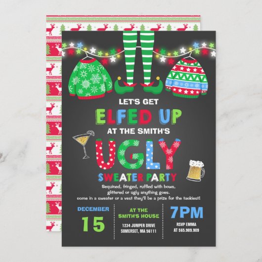 Ugly Sweater Party Uitnodiging Kerstmis Elfed Up (Voorkant / Achterkant)