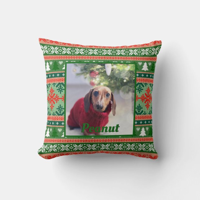 Ugly Sweater Pet Photo met Kerstmis Knit Kussen (Voorkant)