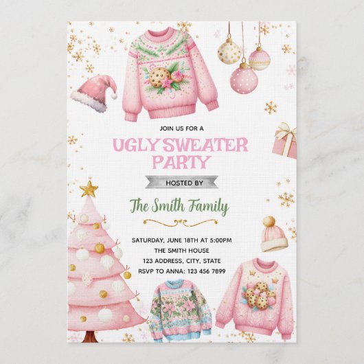 Ugly sweater pink theme invitation kaart (Voorkant)
