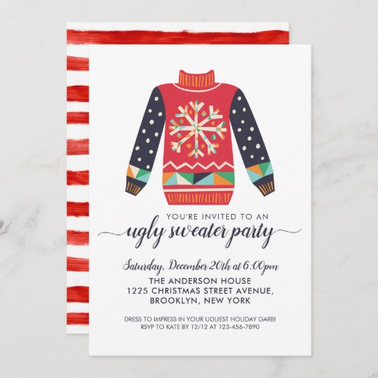 Ugly Sweater Red Snowflake Kerstfeest Kaart (Voorkant / Achterkant)