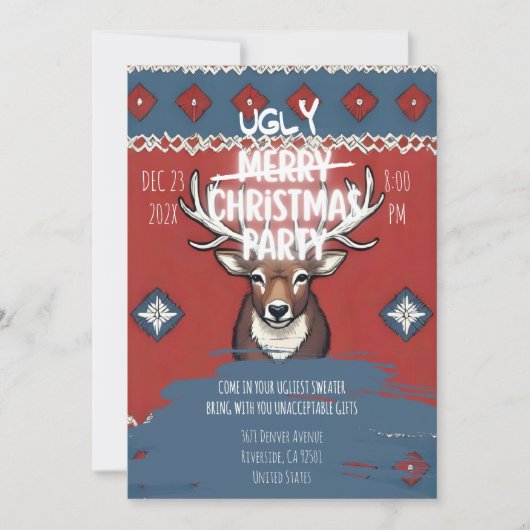 Ugly Sweater Reindeer Christmas Party Invitation Kaart (Voorkant)