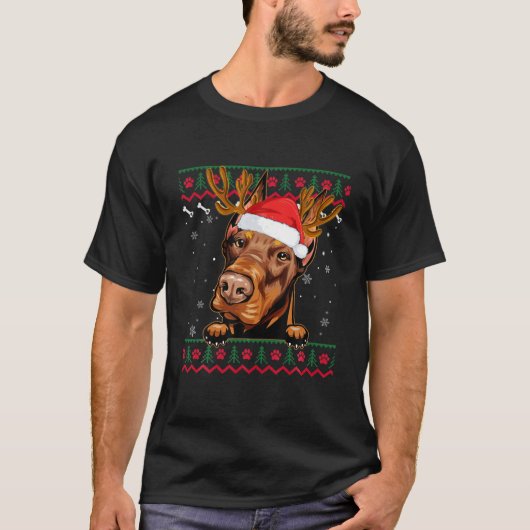 Ugly Sweater Reindeer Santa Kerstmis Doberman Dog T-shirt (Voorkant)