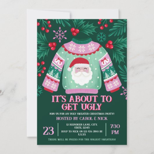 Ugly Sweater Santa Kostuum Party Groen en Rood Kaart (Voorkant)