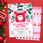 Ugly Sweater Santa Kostuum Party Groen en Rood Kaart<br><div class="desc">Deze lelijke sweater santa kostuum party design is voorzien van een groene, rode en roze lelijke gebreide trui met een santa gezicht, bogen, kerstbomen en sneeuwvlokken. Boven de trui is hulst en bessen, groen en sneeuwvlokken. Op de achterkant van de uitnodiging is een faux gebreid patroon ontwerp met kerstman, rendieren,...</div>