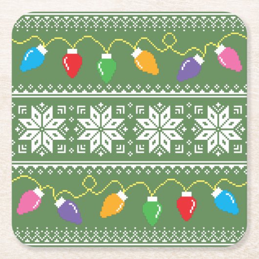 Ugly Sweater Snowflakes kerst licht groen Kartonnen Onderzetters (Voorkant)