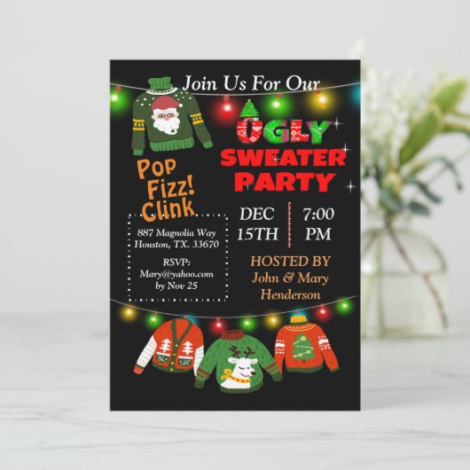 Ugly Sweater String Lights - kerstuitnodiging Kaart (Staand voorkant)