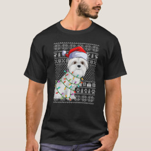 Ugly Sweater Style Xmas licht Santa Maltese hond C T-shirt