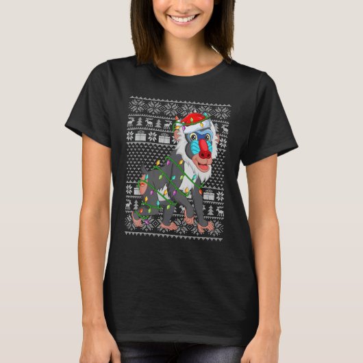 Ugly Sweater Style Xmas Lights Santa Baboon Christ T-shirt (Voorkant)