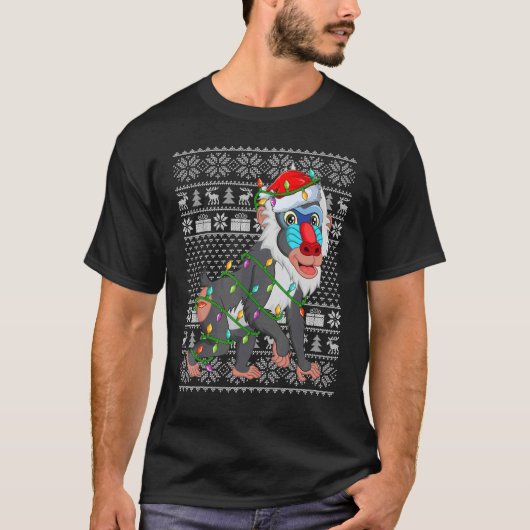 Ugly Sweater Style Xmas Lights Santa Baboon Christ T-shirt (Voorkant)