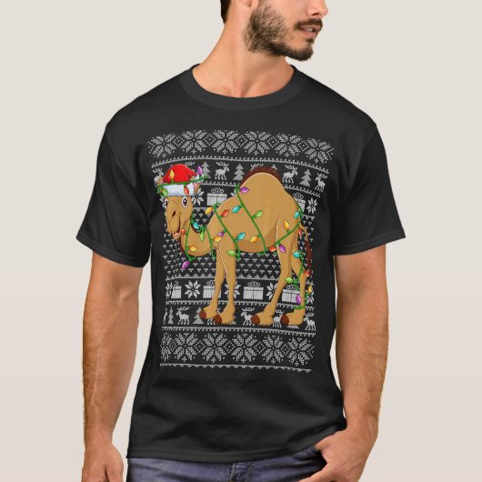 Ugly Sweater Style Xmas Lights Santa Camel Christm T-shirt (Voorkant)