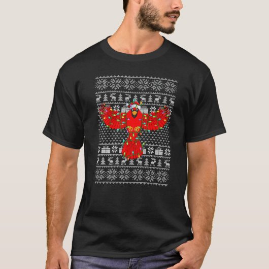 Ugly Sweater Style Xmas Lights Santa Cardinal Bird T-shirt (Voorkant)