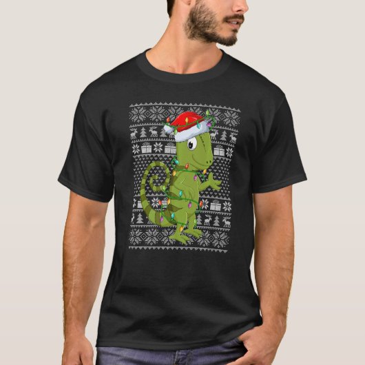 Ugly Sweater Style Xmas Lights Santa Chameleon Chr T-shirt (Voorkant)