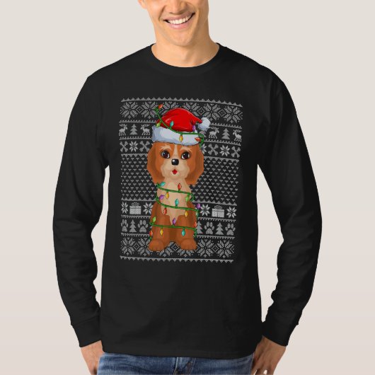 Ugly Sweater Style Xmas Lights Santa Cockapoo Dog T-shirt (Voorkant)