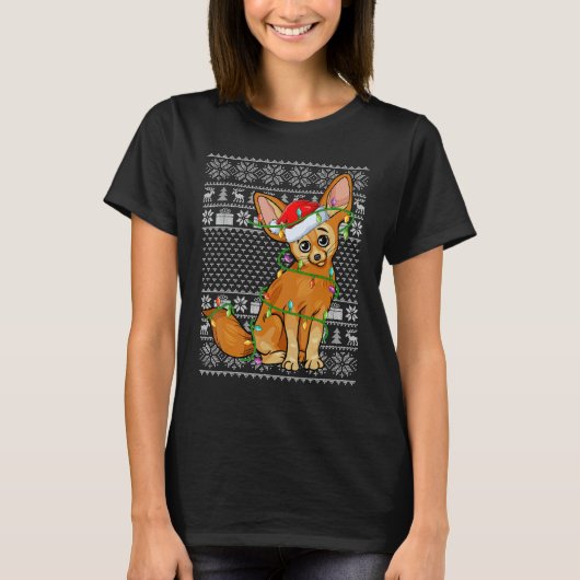 Ugly Sweater Style Xmas Lights Santa Fennec Fox Ch T-shirt (Voorkant)