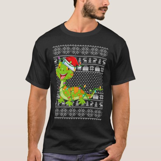 Ugly Sweater Style Xmas Lights Santa Gecko Christm T-shirt (Voorkant)