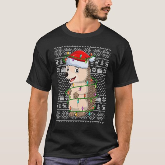 Ugly Sweater Style Xmas Lights Santa Hedgehog Chri T-shirt (Voorkant)