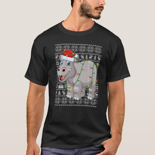 Ugly Sweater Style Xmas Lights Santa Hippopotamus  T-shirt (Voorkant)