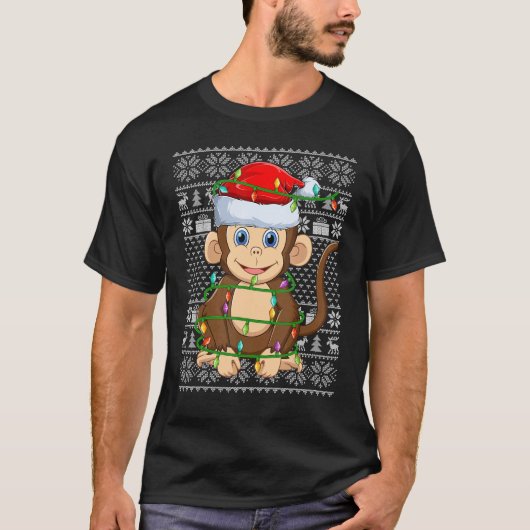 Ugly Sweater Style Xmas Lights Santa Monkey Christ T-shirt (Voorkant)