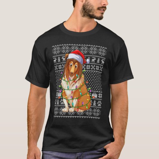 Ugly Sweater Style Xmas Lights Santa Sheepdog Chri T-shirt (Voorkant)