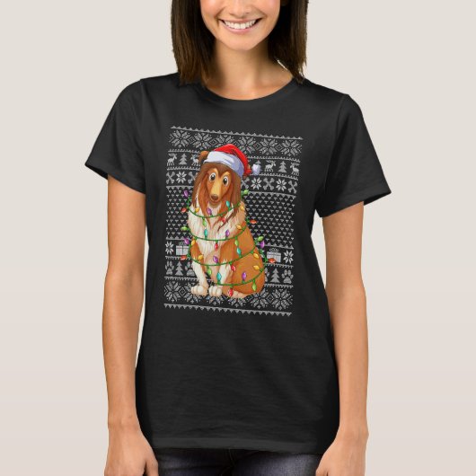 Ugly Sweater Style Xmas Lights Santa Sheepdog Chri T-shirt (Voorkant)